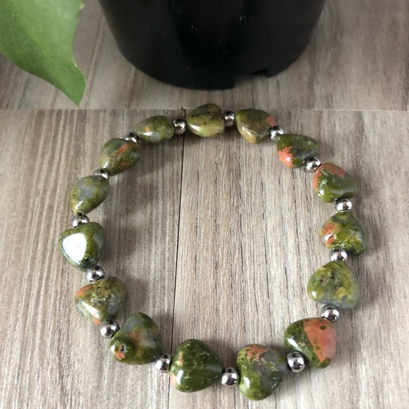Unakite Natural Stone Heart Beads Stretchable Bracelet 7" - 10mm Beads Best Gift - Picture 2 of 2